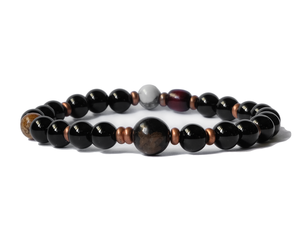 Citystate Beads Black Agate with Brown Obsidian and Copper Spacers Bracelet
